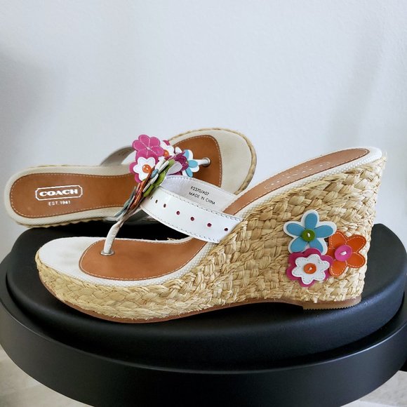 COACH Floral Leather Espadrille Wedge Jesica Sandals